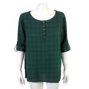 Cellabie Green Plaid Henley Button Placket Tunic Top Roll Tab Sleeve